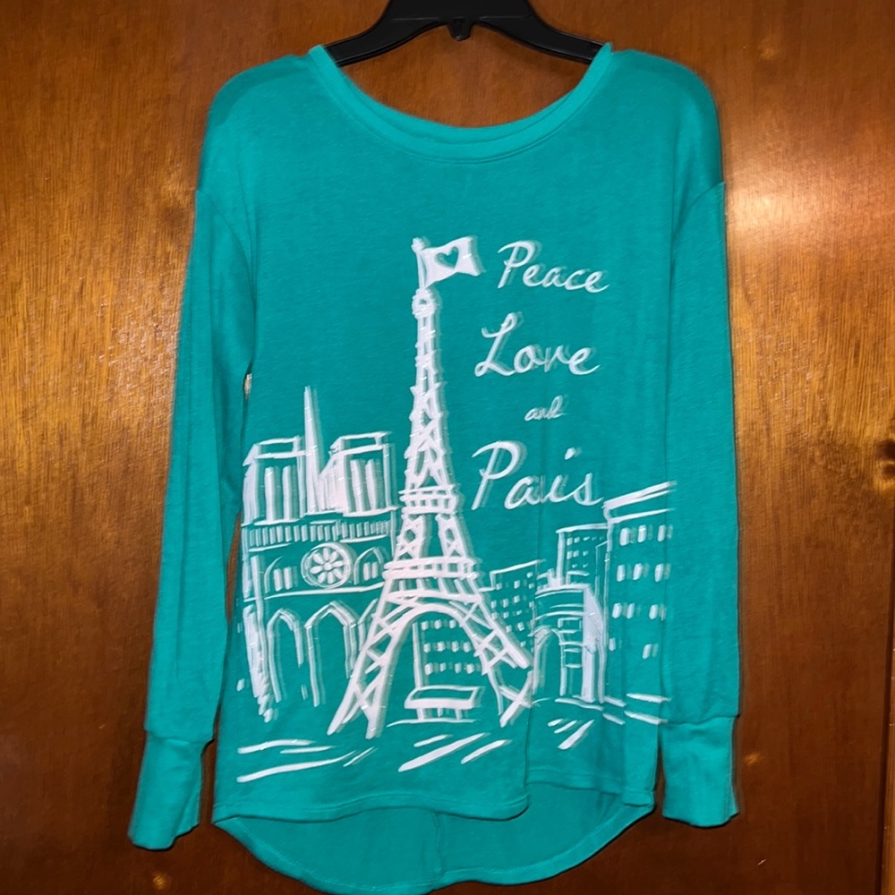 Kids justice size 12, peace, love and Paris long sleeve shirt green